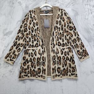 NEW Kempson Sweater Womens S Brown‎ Cheetah Hooded Cardigan Open Front Pockets